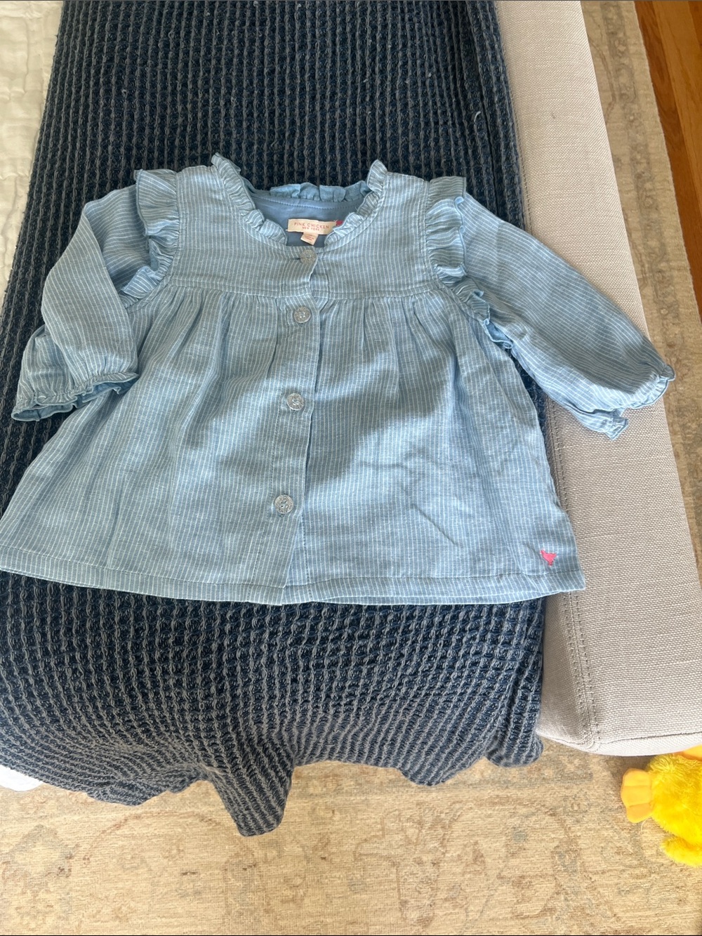 Pink Chicken button down, blue with white stripe, 6
